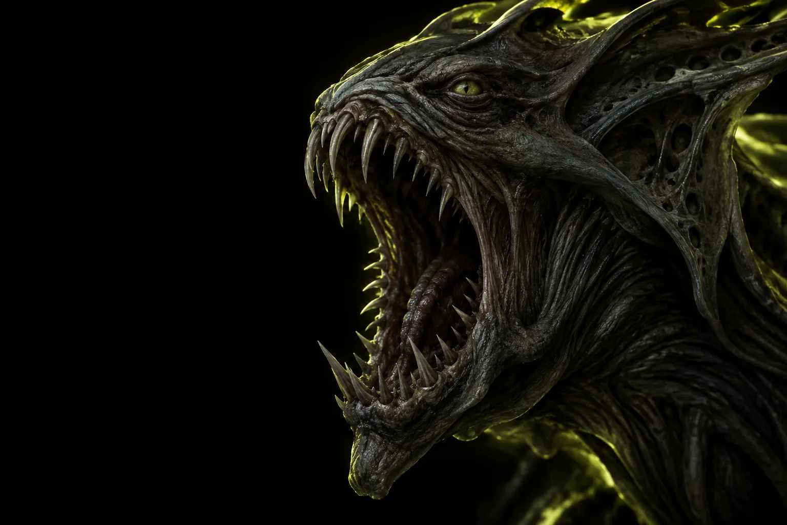 A dark, textured creature with an open mouth, edged in acid-green light